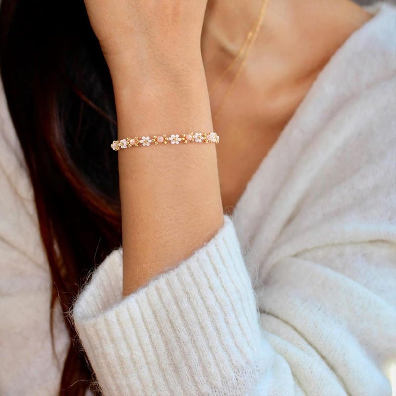 Pymach Store Dainty Gold Plated Pearl Crystal Beaded Bracelets Set for Women 14K Gold Plated Bead Pearl Beads Bracelet Stackable Paperclip Link Chain Bracelets Gold Plated Bracelets for Women Trendy Jewelry - Image 3